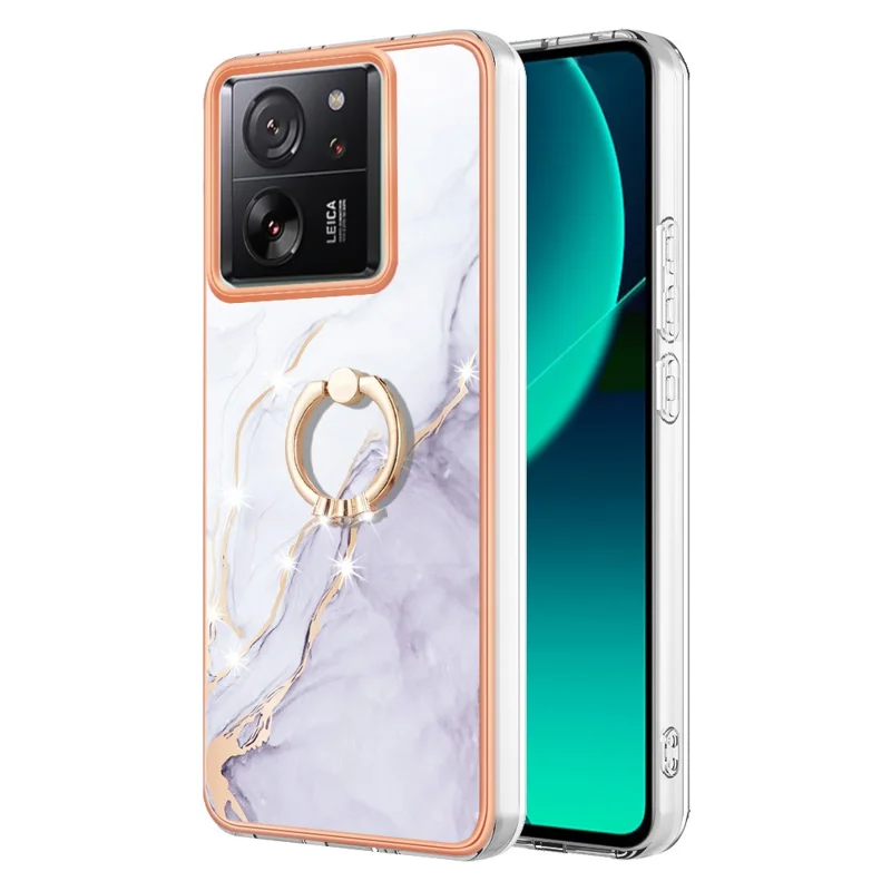 For Xiaomi 13T / 13T Pro / Redmi K60 Ultra Case with Ring Kickstand Marble Pattern Electroplating TPU Back Cover - White 006