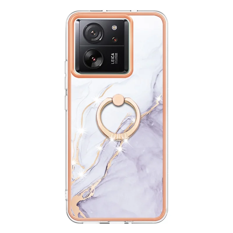 For Xiaomi 13T / 13T Pro / Redmi K60 Ultra Case with Ring Kickstand Marble Pattern Electroplating TPU Back Cover - White 006