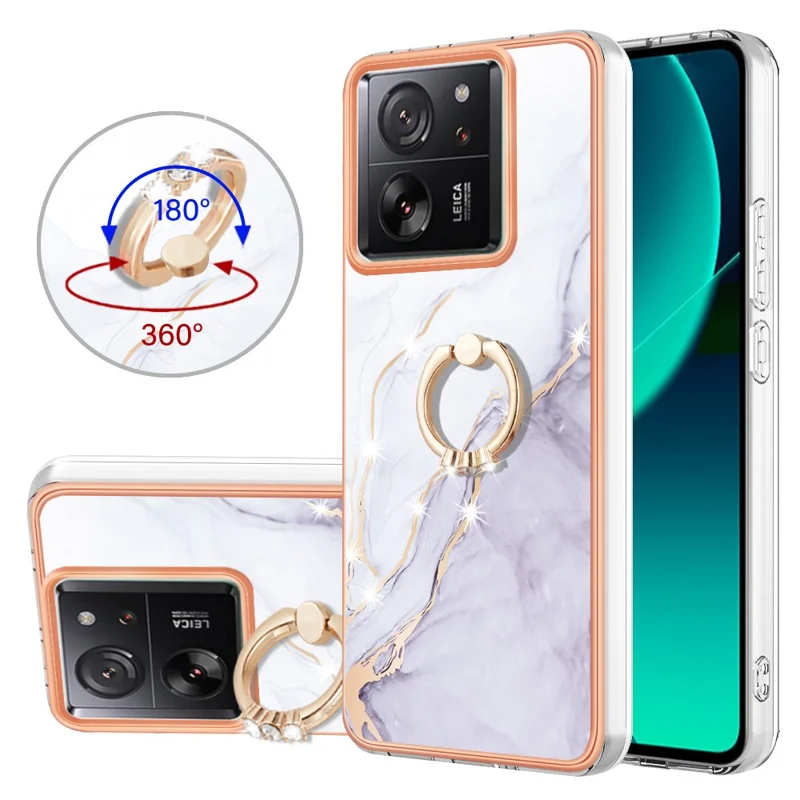 For Xiaomi 13T / 13T Pro / Redmi K60 Ultra Case with Ring Kickstand Marble Pattern Electroplating TPU Back Cover - White 006