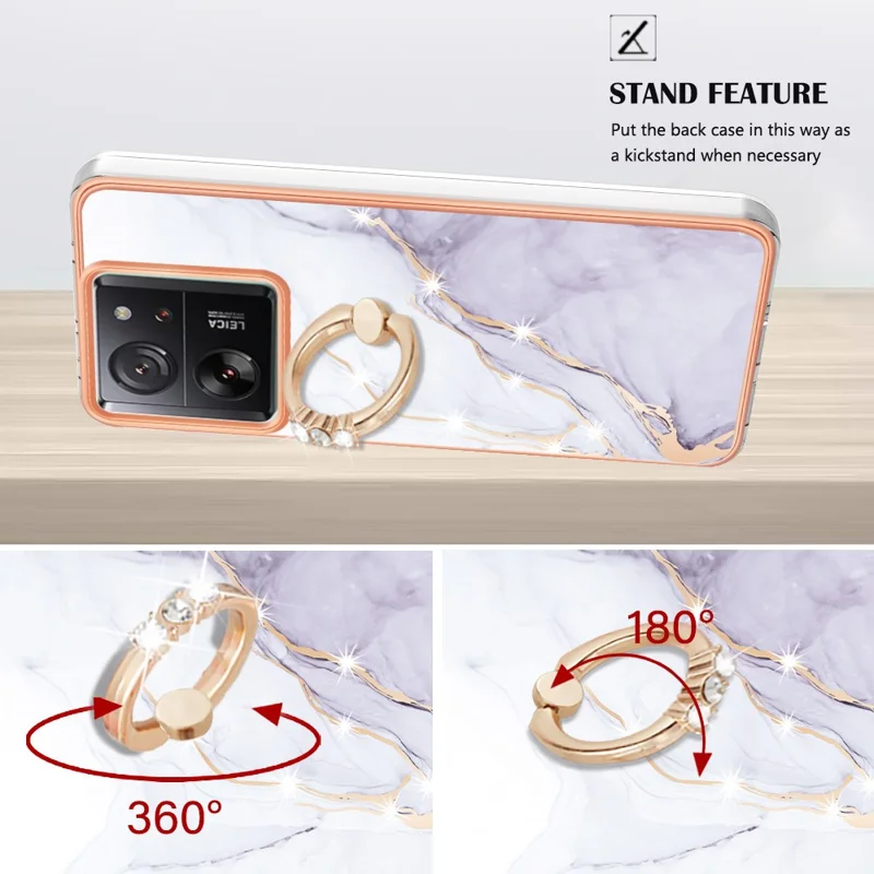 For Xiaomi 13T / 13T Pro / Redmi K60 Ultra Case with Ring Kickstand Marble Pattern Electroplating TPU Back Cover - White 006