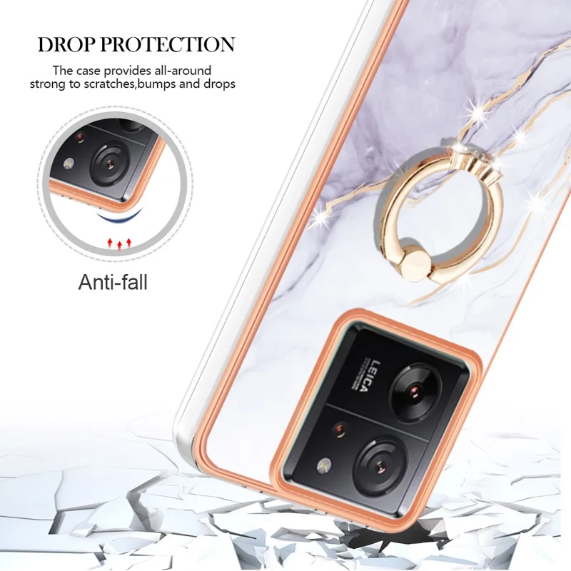 For Xiaomi 13T / 13T Pro / Redmi K60 Ultra Case with Ring Kickstand Marble Pattern Electroplating TPU Back Cover - White 006