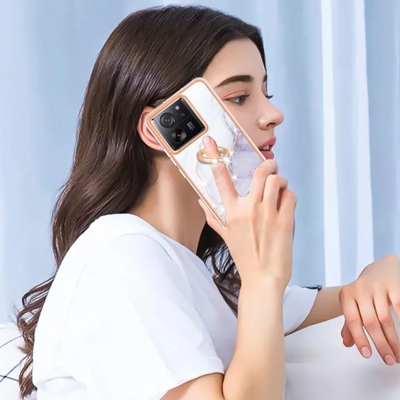 For Xiaomi 13T / 13T Pro / Redmi K60 Ultra Case with Ring Kickstand Marble Pattern Electroplating TPU Back Cover - White 006