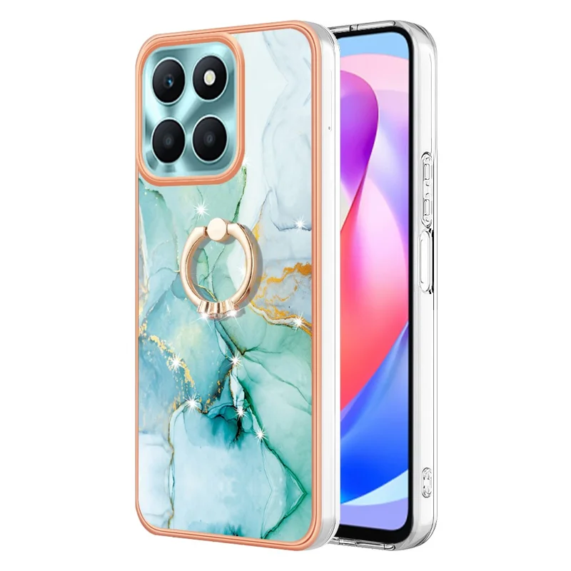 For Honor X6a 4G Case with Ring Kickstand Marble Pattern Electroplating TPU Back Cover - Green 003