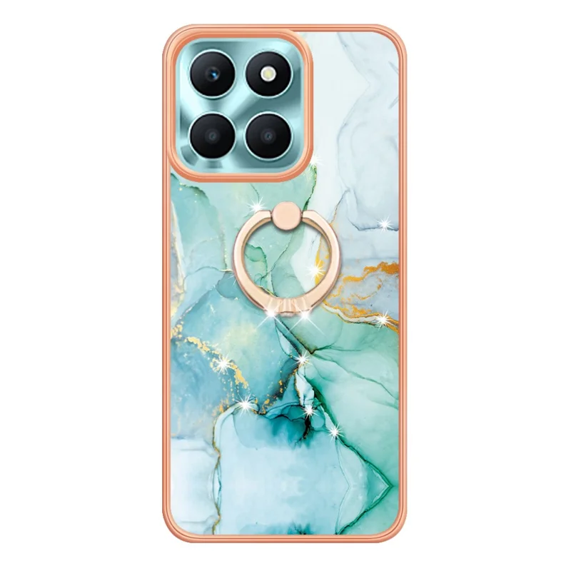 For Honor X6a 4G Case with Ring Kickstand Marble Pattern Electroplating TPU Back Cover - Green 003