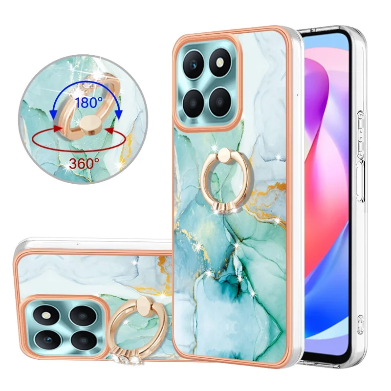 For Honor X6a 4G Case with Ring Kickstand Marble Pattern Electroplating TPU Back Cover - Green 003