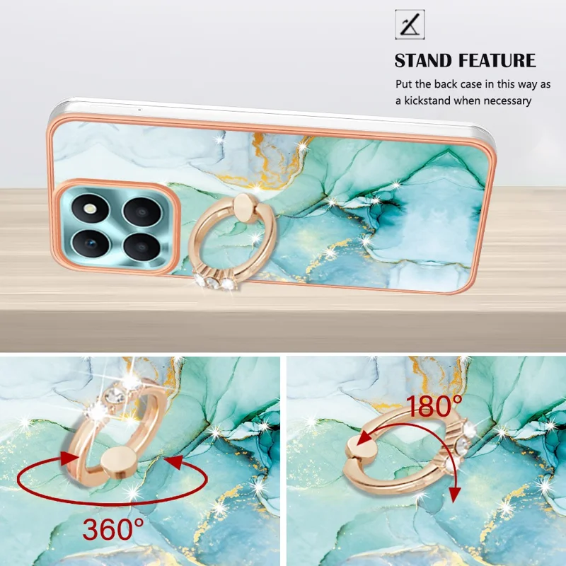 For Honor X6a 4G Case with Ring Kickstand Marble Pattern Electroplating TPU Back Cover - Green 003