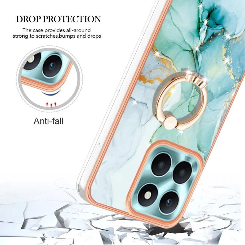 For Honor X6a 4G Case with Ring Kickstand Marble Pattern Electroplating TPU Back Cover - Green 003