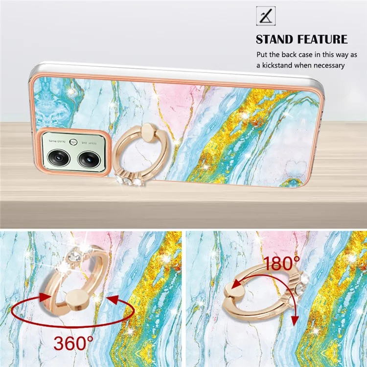 For Motorola Moto G54 5G Case with Ring Kickstand Marble Pattern Electroplating TPU Back Cover - Green 004