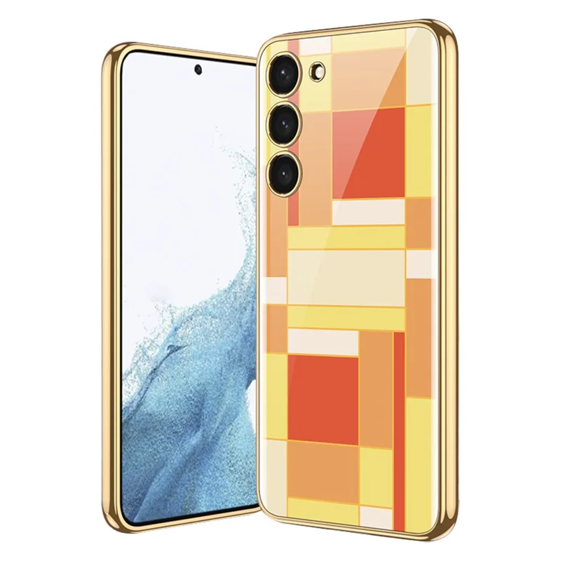 GKK For Samsung Galaxy S24 Protective Shell Anti-Scratch Tempered Glass Phone Case - Orange Yellow Check