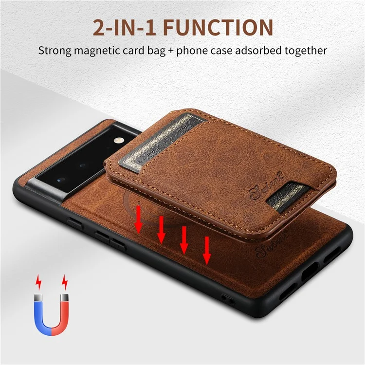 SUTENI H16 Back Cover for Google Pixel 6a Magnetic Detachable 2-in-1 PU+TPU Cell Phone Case - Khaki