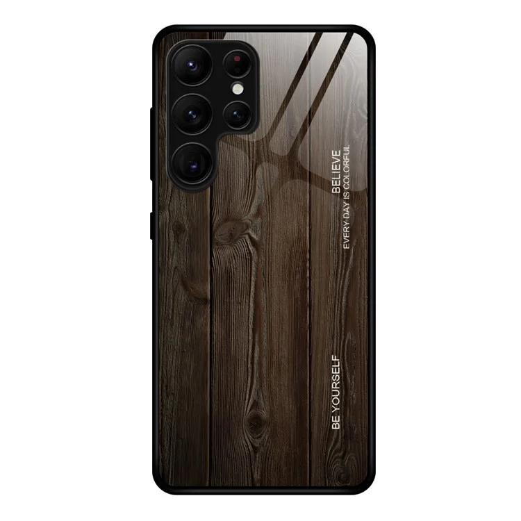 Para Samsung Galaxy S24 Ultra Case Wood Texture Tempered Glass TPU Protective Phone Case - Preto