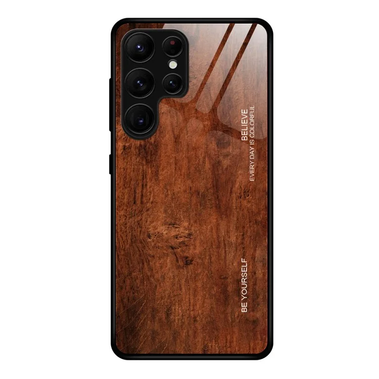For Samsung Galaxy S24 Ultra Case Wood Texture Tempered Glass TPU Protective Phone Case - Coffee