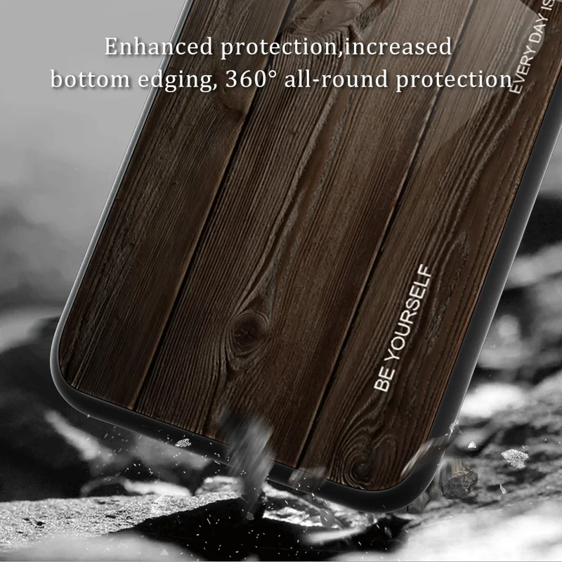 For Samsung Galaxy S24 Case Wood Texture Tempered Glass+TPU Anti-Drop Phone Case - Coffee