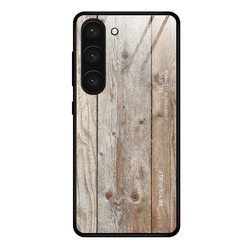 For Samsung Galaxy S24 Case Wood Texture Tempered Glass+TPU Anti-Drop Phone Case - Grey