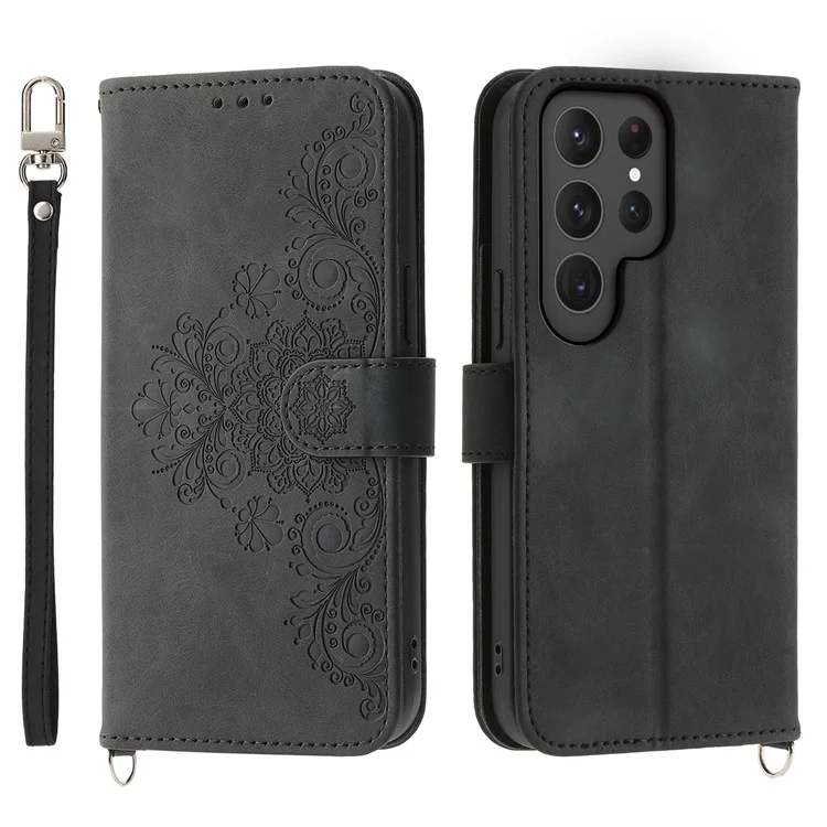 For Samsung Galaxy S24 Ultra Case Skin-touch Wallet Stand Leather Cover with Straps - Black