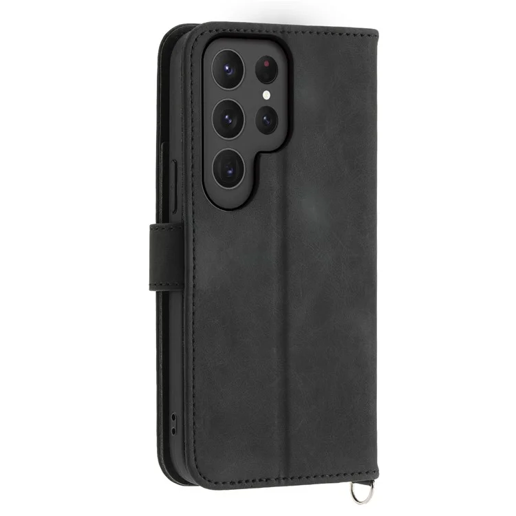 For Samsung Galaxy S24 Ultra Case Skin-touch Wallet Stand Leather Cover with Straps - Black