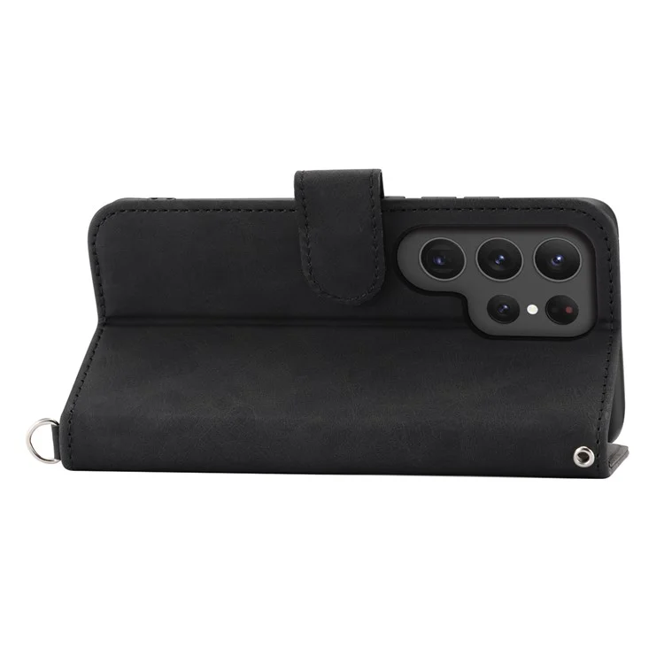 For Samsung Galaxy S24 Ultra Case Skin-touch Wallet Stand Leather Cover with Straps - Black