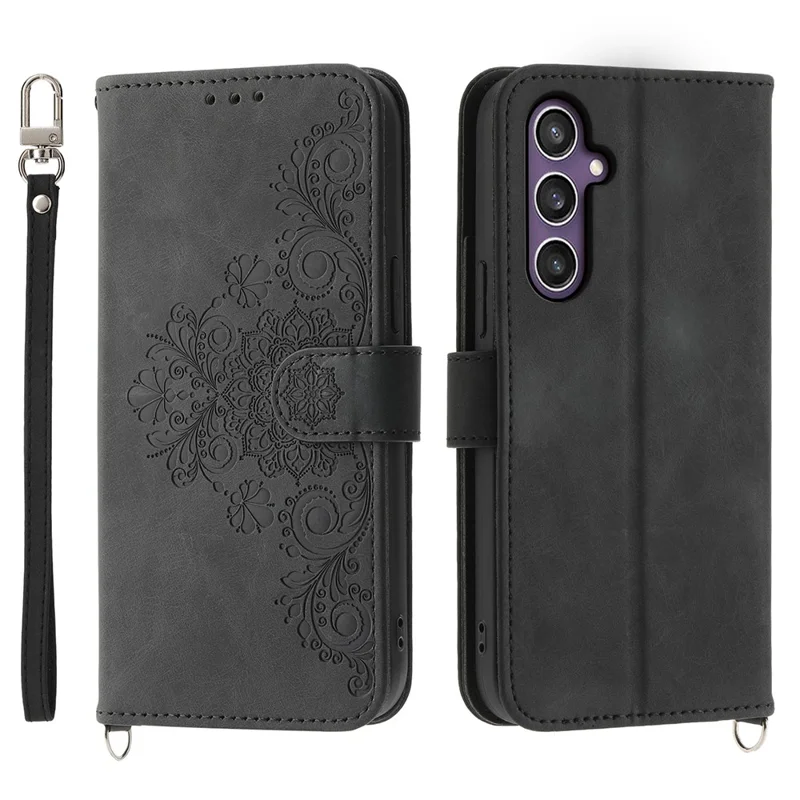 For Samsung Galaxy S24+ Case Multiple Card Slots Leather Wallet Cover with Straps - Black