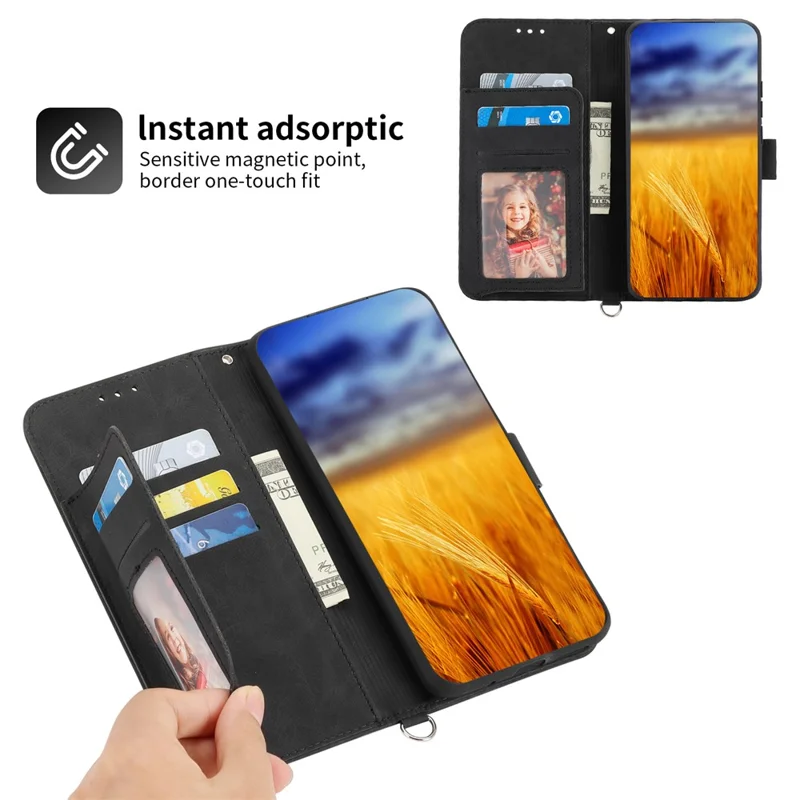 For Samsung Galaxy S24+ Case Multiple Card Slots Leather Wallet Cover with Straps - Black