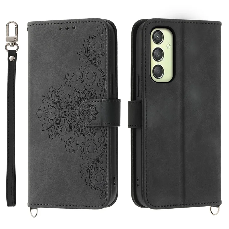 For Samsung Galaxy A25 5G (Global) (161.0 x 76.5 x 8.3mm) Case Flower Imprinted Phone Leather Cover with Straps - Black