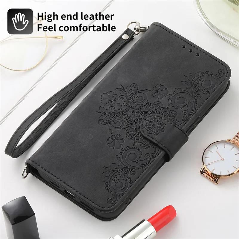 For Samsung Galaxy A25 5G (Global) (161.0 x 76.5 x 8.3mm) Case Flower Imprinted Phone Leather Cover with Straps - Black