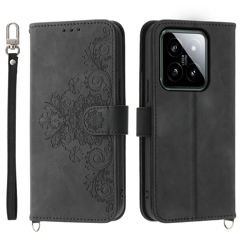 For Xiaomi 14 Case Wallet Imprinted Flower Leather Phone Cover with 2 Straps - Black