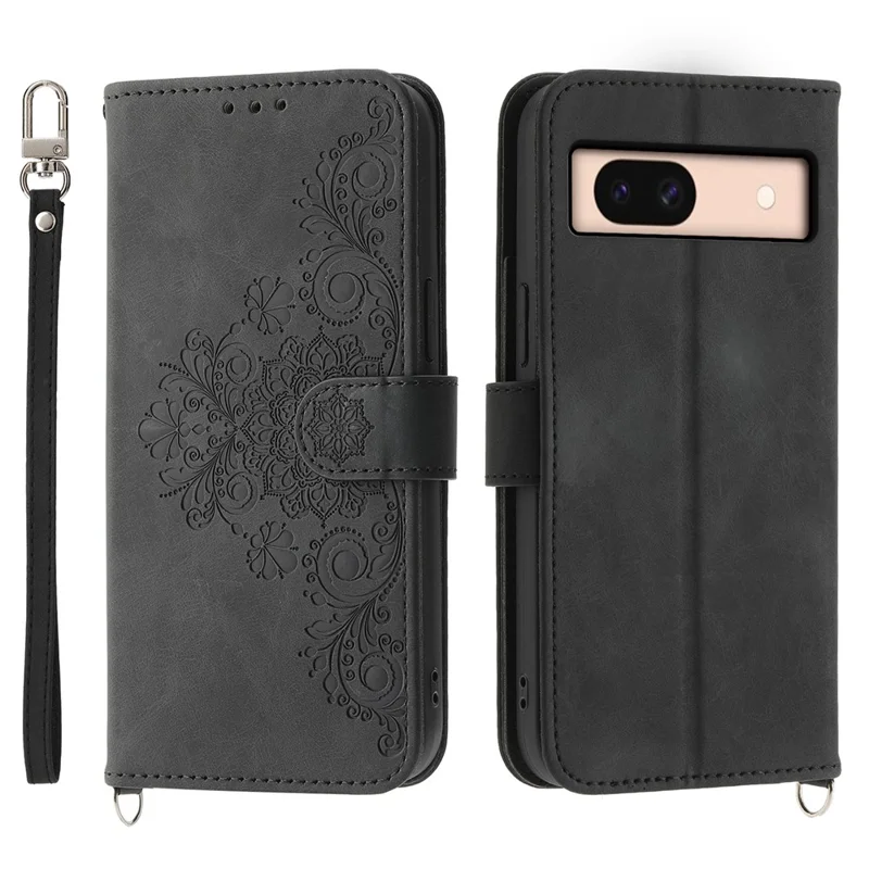 For Google Pixel 8a Case Multiple Card Slots Leather Cover with Hand Strap + Shoulder Strap - Black