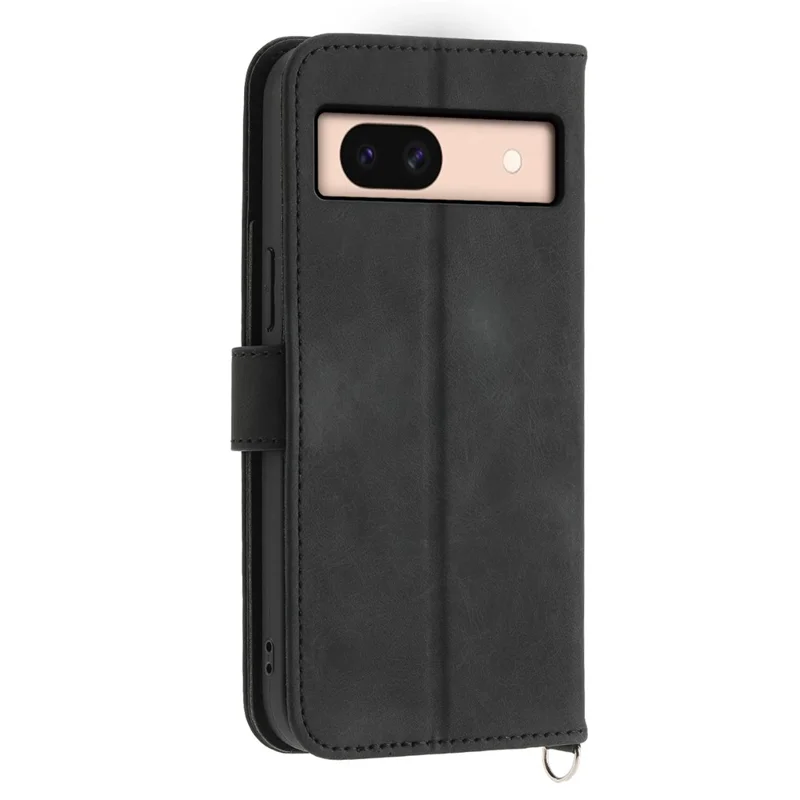 For Google Pixel 8a Case Multiple Card Slots Leather Cover with Hand Strap + Shoulder Strap - Black