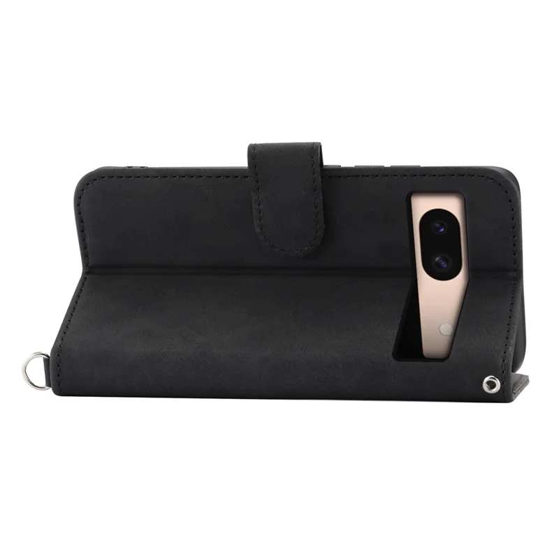 For Google Pixel 8a Case Multiple Card Slots Leather Cover with Hand Strap + Shoulder Strap - Black