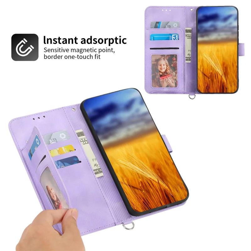For Google Pixel 8a Case Multiple Card Slots Leather Cover with Hand Strap + Shoulder Strap - Light Purple