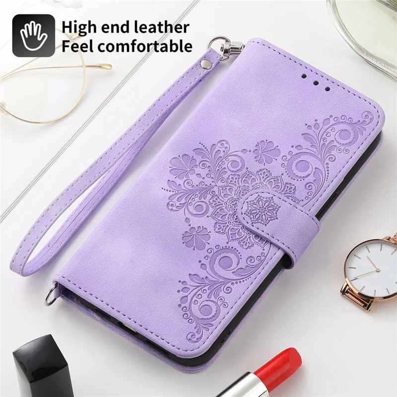 For Google Pixel 8a Case Multiple Card Slots Leather Cover with Hand Strap + Shoulder Strap - Light Purple
