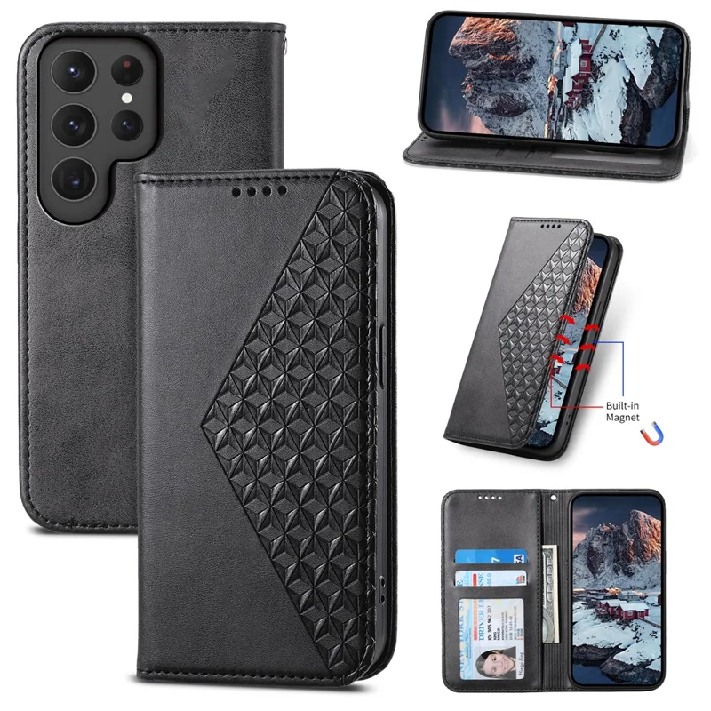 Para a Capa Samsung Galaxy S24 Ultra Case Imprinted PU Leather+TPU Cell Phone Wallet Cover - Preto