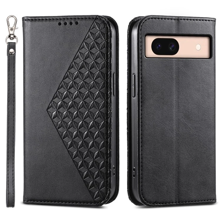 Für Google Pixel 8a Case Geprägte Rhombus-Muster PU-Leder-Handyhülle mit praktischem Gurt - Schwarz