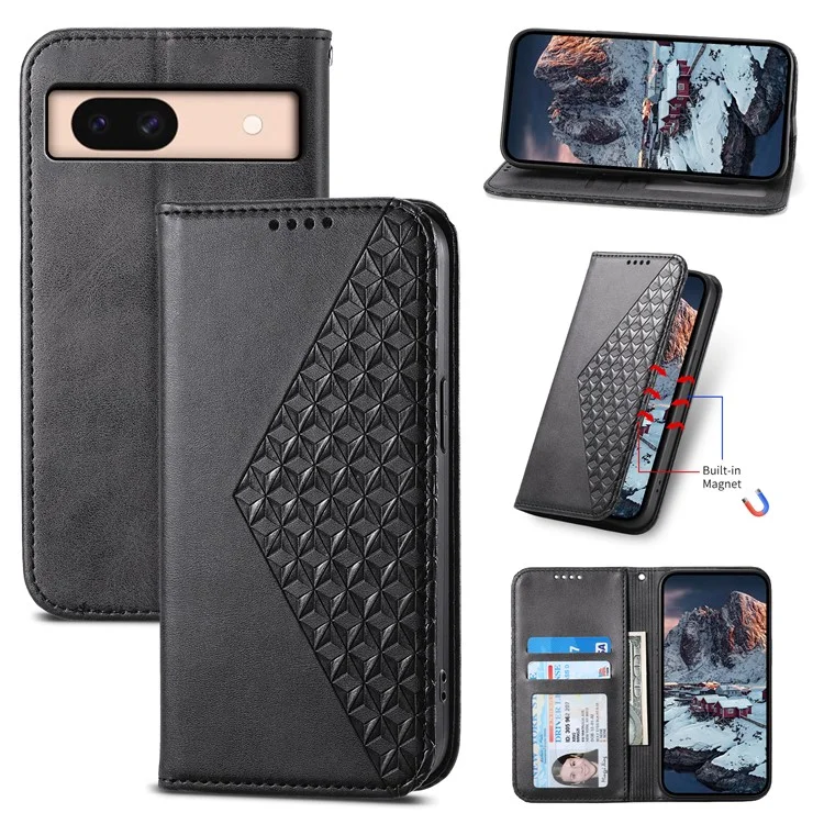 Für Google Pixel 8a Case Geprägte Rhombus-Muster PU-Leder-Handyhülle mit praktischem Gurt - Schwarz