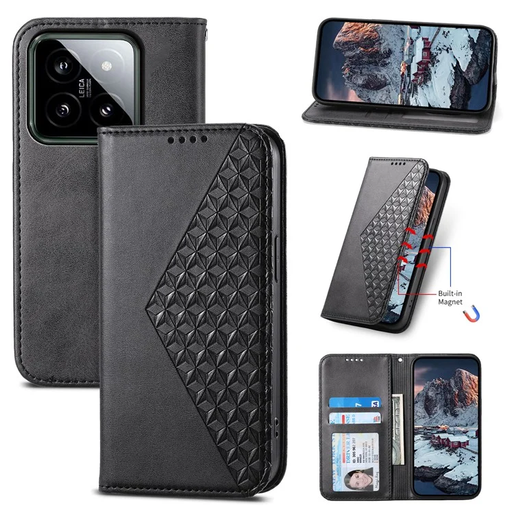 For Xiaomi 14 Phone Case Scratch-proof PU Leather Imprinted Wallet Cover - Black