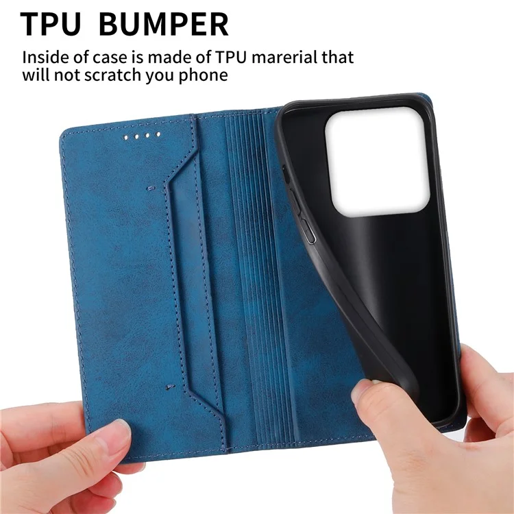 Carcasa de teléfono con bloqueo RFID retro DF-05 para Xiaomi 14, funda con soporte, cubierta de cartera de piel de imitación - Azul