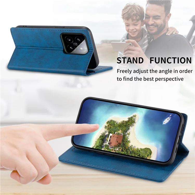 Carcasa de teléfono con bloqueo RFID retro DF-05 para Xiaomi 14, funda con soporte, cubierta de cartera de piel de imitación - Azul