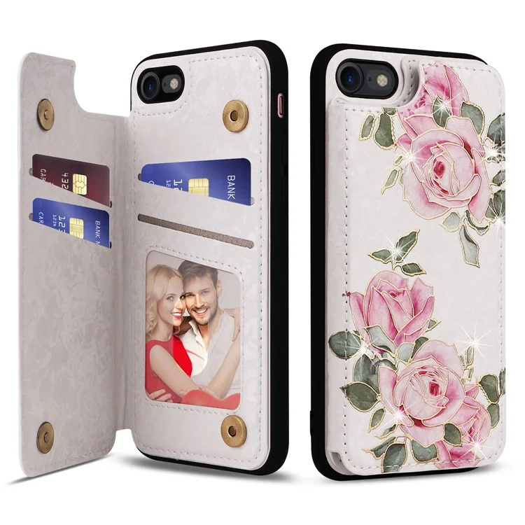 Capa para iPhone 7 / 8 / SE (2020) / SE (2022) com bloqueio RFID, revestimento de flor e suporte - Flor