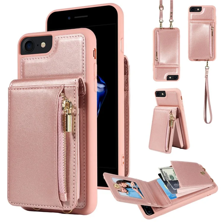 Para iPhone 7 / 8 / SE (2020) / (2022) Caso de bloqueio RFID PU+TPU Wallet Phone Case com Kickstand, Alças - Ouro Rosa