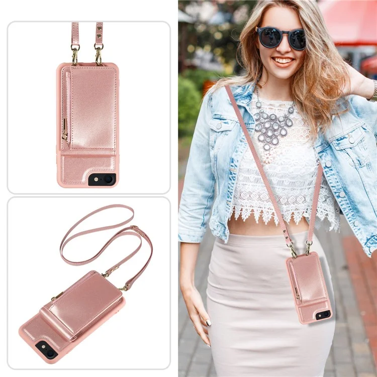 Para iPhone 7 / 8 / SE (2020) / (2022) Caso de bloqueio RFID PU+TPU Wallet Phone Case com Kickstand, Alças - Ouro Rosa