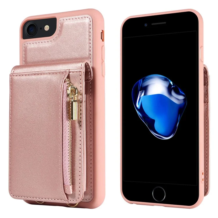Para iPhone 7 / 8 / SE (2020) / (2022) Caso de bloqueio RFID PU+TPU Wallet Phone Case com Kickstand, Alças - Ouro Rosa