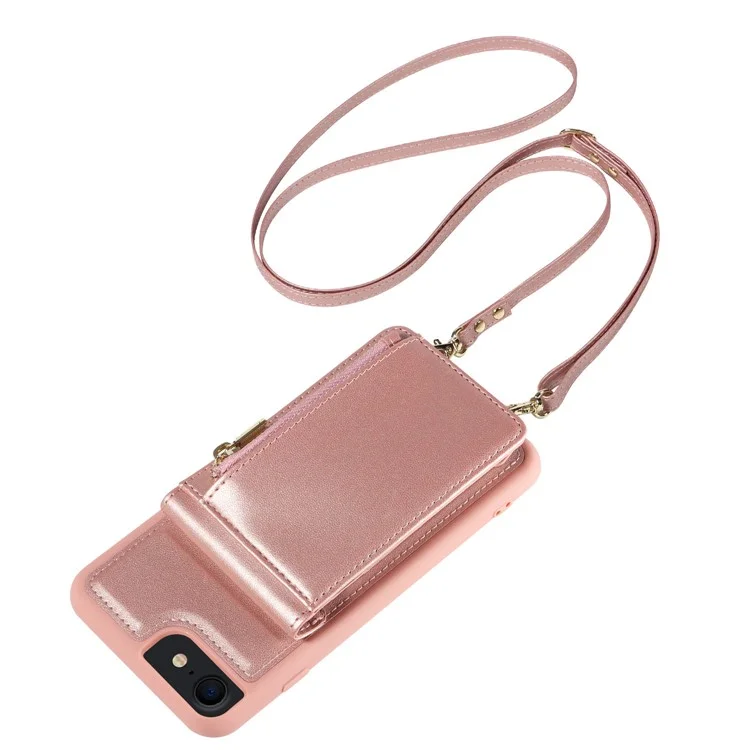 Para iPhone 7 / 8 / SE (2020) / (2022) Caso de bloqueio RFID PU+TPU Wallet Phone Case com Kickstand, Alças - Ouro Rosa