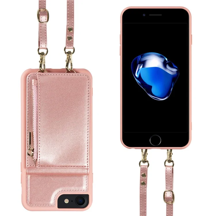 Para iPhone 7 / 8 / SE (2020) / (2022) Caso de bloqueio RFID PU+TPU Wallet Phone Case com Kickstand, Alças - Ouro Rosa