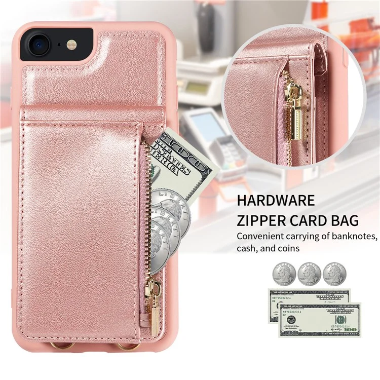 Para iPhone 7 / 8 / SE (2020) / (2022) Caso de bloqueio RFID PU+TPU Wallet Phone Case com Kickstand, Alças - Ouro Rosa