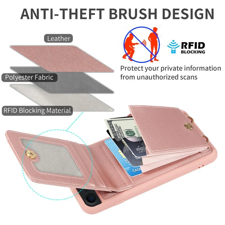 Para iPhone 7 / 8 / SE (2020) / (2022) Caso de bloqueio RFID PU+TPU Wallet Phone Case com Kickstand, Alças - Ouro Rosa
