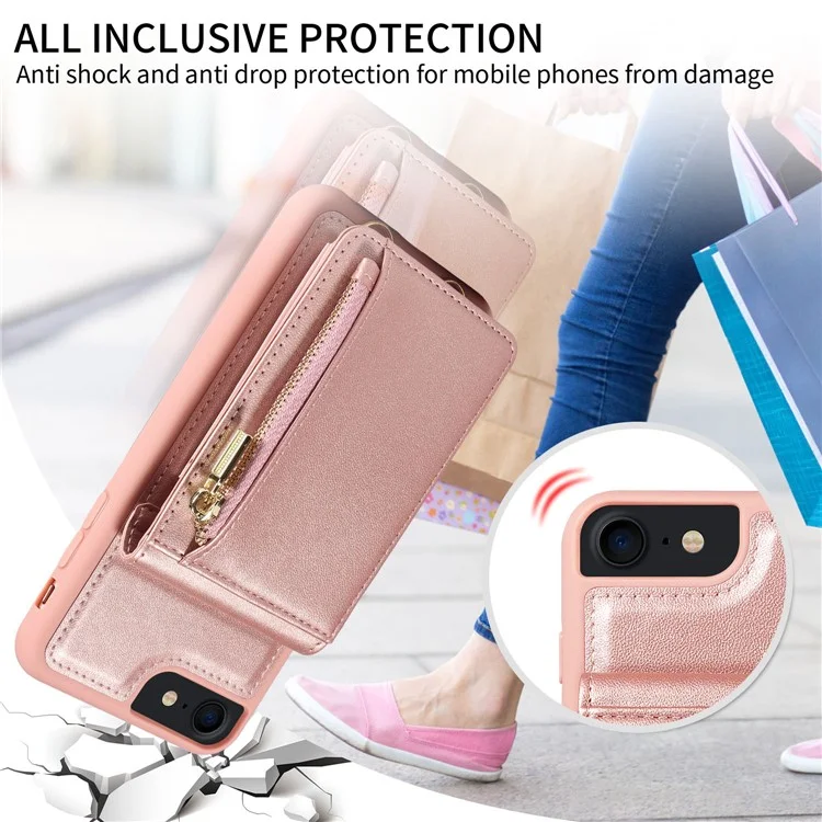 Para iPhone 7 / 8 / SE (2020) / (2022) Caso de bloqueio RFID PU+TPU Wallet Phone Case com Kickstand, Alças - Ouro Rosa