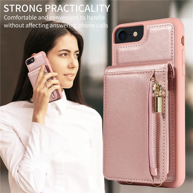 Para iPhone 7 / 8 / SE (2020) / (2022) Caso de bloqueio RFID PU+TPU Wallet Phone Case com Kickstand, Alças - Ouro Rosa