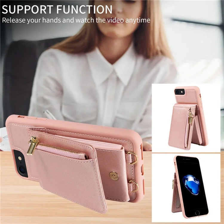 Para iPhone 7 / 8 / SE (2020) / (2022) Caso de bloqueio RFID PU+TPU Wallet Phone Case com Kickstand, Alças - Ouro Rosa