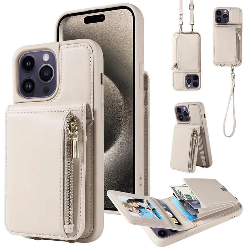 For 	iPhone 15 Pro Max Case RFID Blocking PU+TPU Wallet Phone Guard Cover - Beige