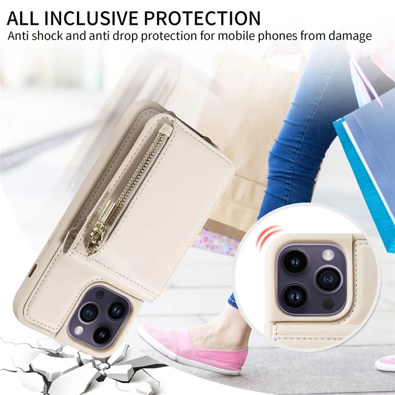 For 	iPhone 15 Pro Max Case RFID Blocking PU+TPU Wallet Phone Guard Cover - Beige